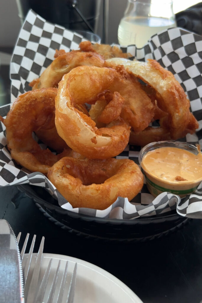 Gluten free onion rings in a basket