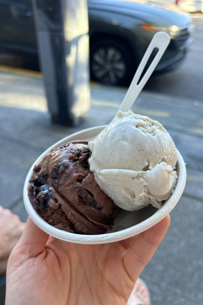 A cup of ice cream with two scoops and a spoon sticking out of it. One flavor is chocolate tahini, the other is brown sugar vanilla.